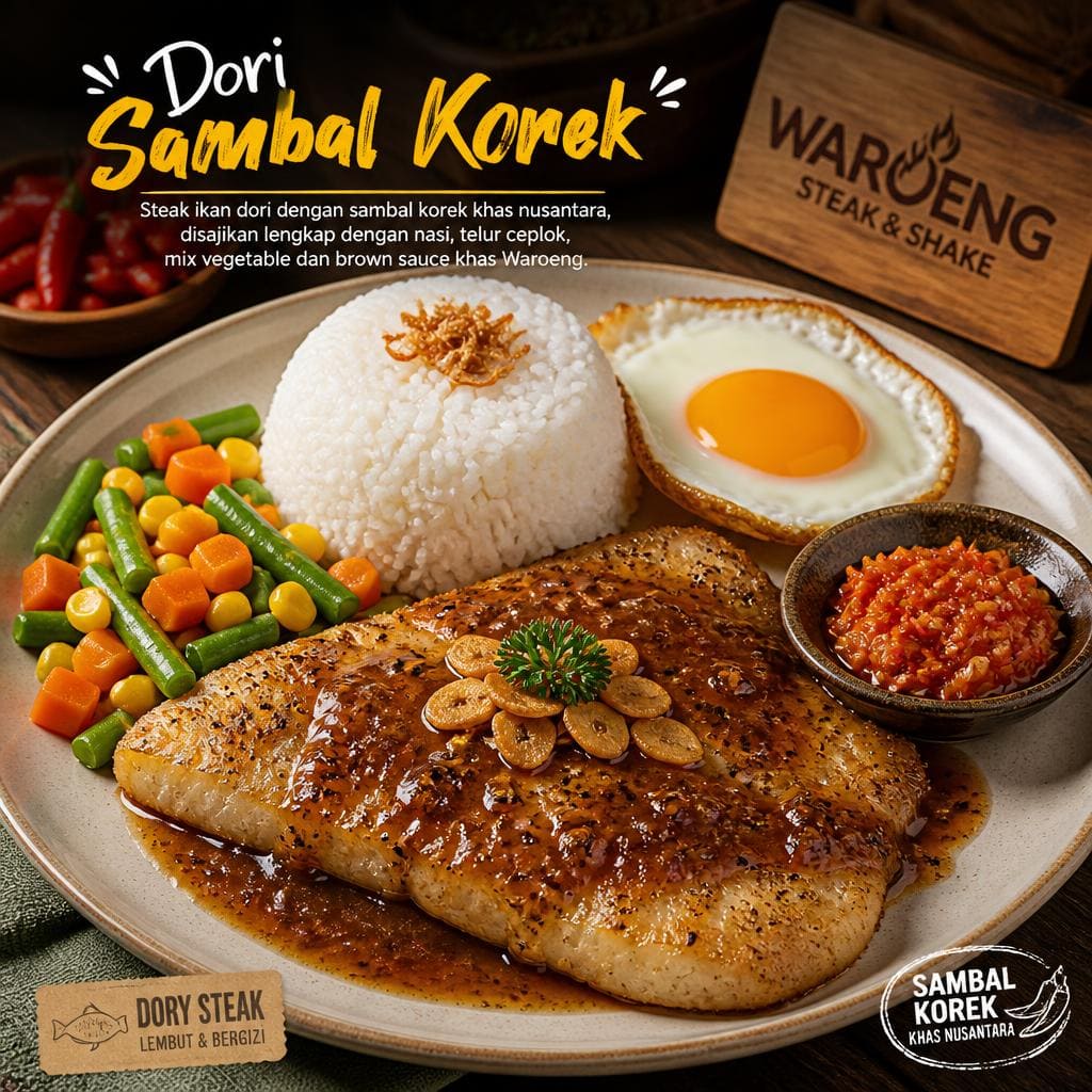 Dori Sambal Korek dengan steak ikan dori, nasi, telur ceplok, dan mix vegetable